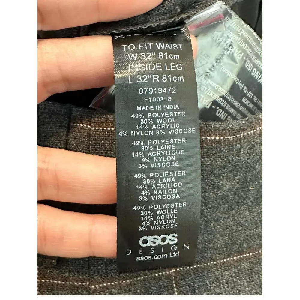 Asos Design men gray plaid pleated pants size waist 32